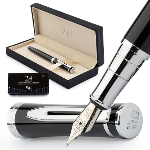 Wordsworth & Black Fountain Pen Set, Medium Nib, 24 Ink Cartridges & Refill Converter, Gift Case for Calligraphy