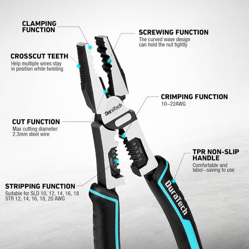 DURATECH 6-in-1 Linesman Pliers, 8.5" Multipurpose Combination Pliers with Wire Stripper and Cutter Function