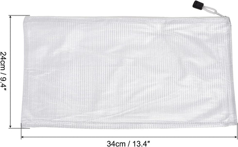 MECCANIXITY A4 Size Mesh Zipper Bags, Plastic Zip File Pouch Document Folders for Home Office Travel, White, 12 Pack
