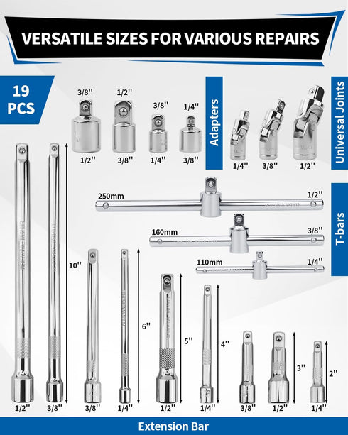 Acxetx 19 Set, 1/4", 3/8" 1/2" Piece Socket Extension and Drive Extension Bar, Universal Joint, Adapters and T-Bar