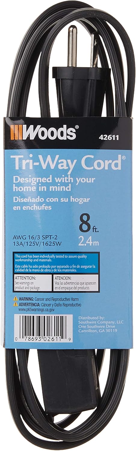 Woods 2611 8-Foot 3-Prong Indoor Extension Cord with 3 Outlets, Black
