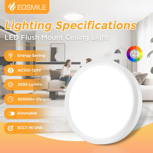 2Pack 12 Inch 25W, 3000LM, 95+, 2700K-5000K 5CCT Dimmable, LED Flush Mount Ceiling Light, CRI & White Round Surface