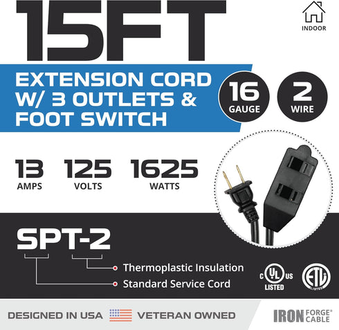 Iron Forge Cable 3 Outlet Foot Switch Extension Cord, 15 ft, 13 Amp Black Cord with Foot Tap Switch