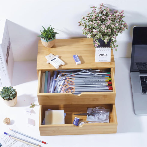 Bamboo Desk Organizer with Drawers, Countertop Makeup Storage Box with 2 Drawers for Home Office