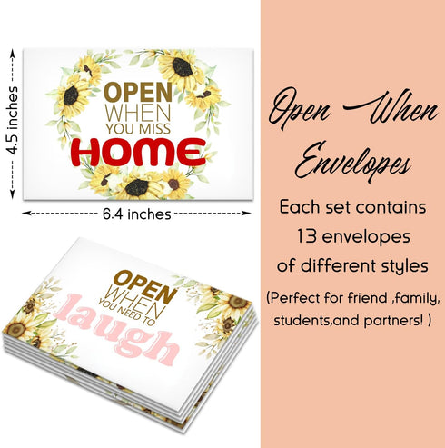 Sunflower Open When Envelopes, 13 Envelopes for University College Student Gifts, Long Distance Relationship