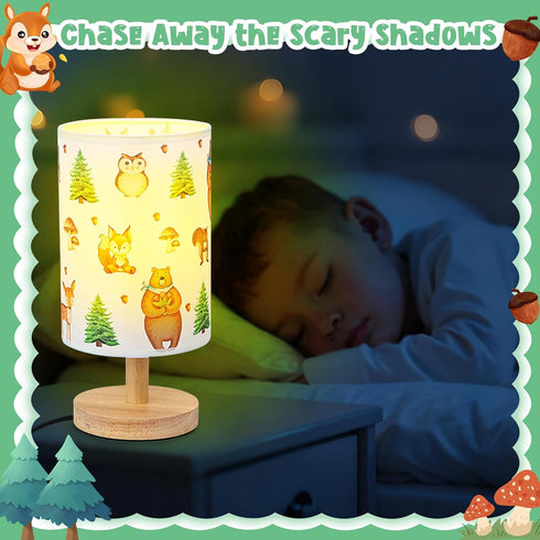 Woodland Animals Table Lamp - Woodland Kids Bedside Lamp with Linen Wooden Nightstand Cartoon Nursery Lampshade