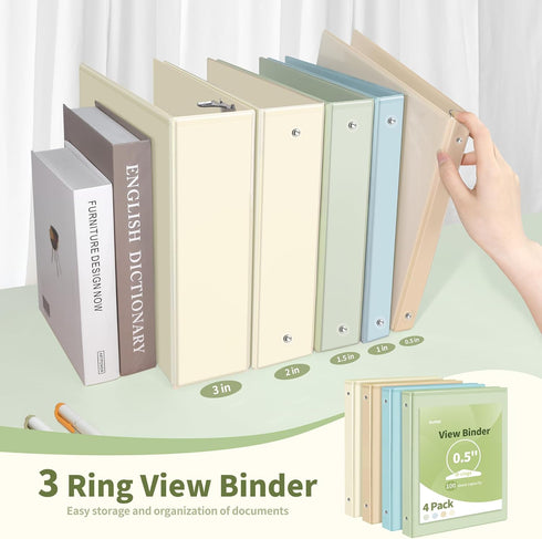 SUNEE 3 Ring Binder 1/2 Inch, 4 Pack, Clear Half Inch View Binder, PVC-Free, Neutral Aesthetic