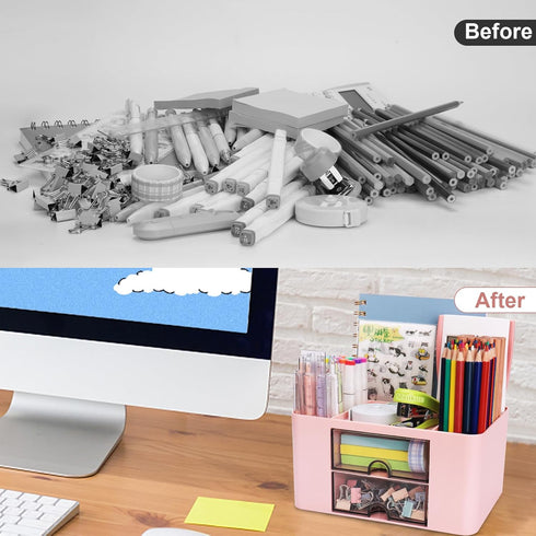 Pink Plastic Pen Organizer, Multifunctional Desktop Organizer with 2 Drawers and 4 Compartments