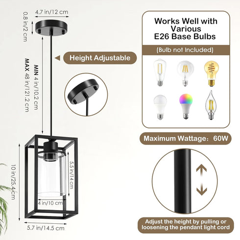 1 Pack Pendant Lights Kitchen Island, Black Pendant Light, Adjustable Corded Pendant Light Fixtures with Glass Shade