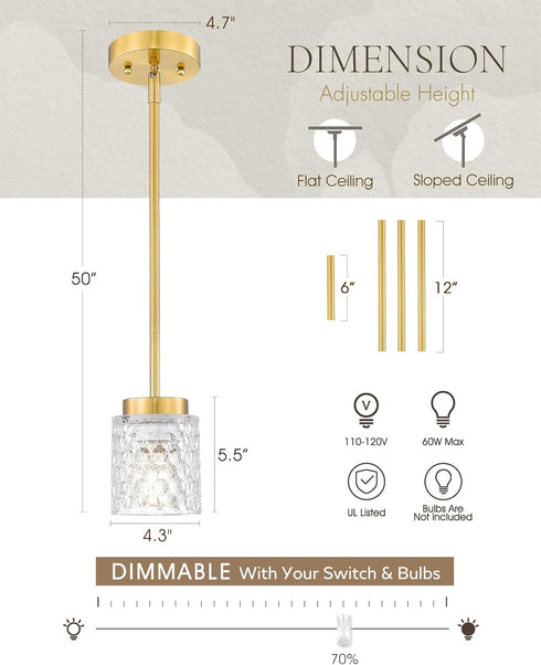 4" Hammered E26 4FY86MIL FEMILA Gold Pendant Light, Pendant Light Fixtures, Kitchen Island Lighting, Glass, Base, BG