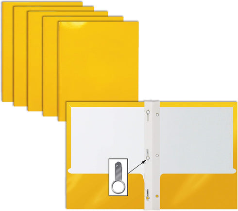 Better Office Products 2 Pocket Glossy Yellow Paper Folders, 25 Pack, Letter Size with 3 Metal Prong Fasteners