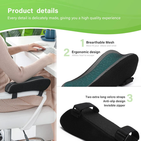 Chair Ergonomic Armrest Cooling Gel Pads, Elbow Pillow Pressure Relief for Office Gaming Chair - 2-Piece Set