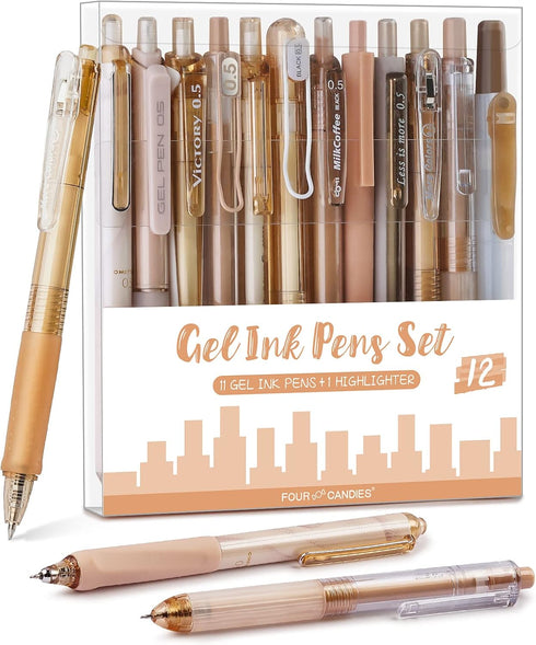 Four Candies 12Pack Pastel Gel Ink Pen Set, 11 Pack Black Ink Pens, 1 Pack Highlighter for School Office