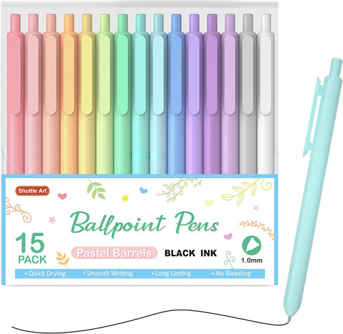 Shuttle Art 15 Pack Ballpoint Pens - Pastel Retractable Black Ink Pens, Cute 1.0mm Medium Point for Writing, Journaling