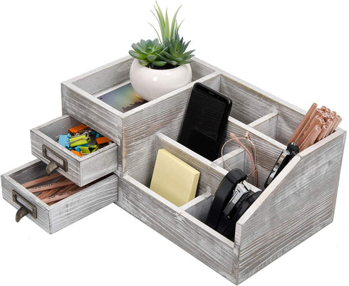 Distressed Rustic Wooden Office Desktop Organizer, 2 Tier Drawers, Multiple Compartments for Jewelry Storage