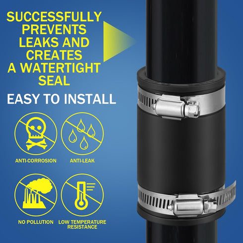 2 Pcs Flexible TPE Coupling with Stainless Steel Clamps for Plastic and Copper Plumbing Connections, Black (1-1/2