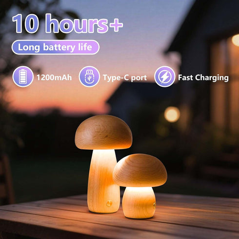 Gifts(2 Packs) Mushroom-Night-Lights Rechargeable, Cordless Wooden Mushroom Table Lamps, Portable Desk Lamps