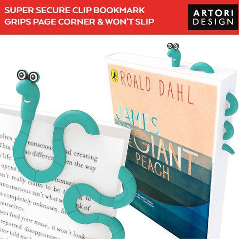 Clip Bookmarks for Kids, Wally The Bookworm Cute Bookmark and Page Holder, Unique Gift Idea for Book Lovers (Turquoise)