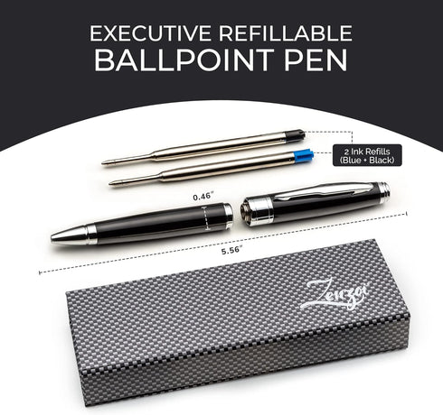 ZenZoi Black Ballpoint Pen Set, Elegant Executive Pen with Luxury Gift Box & 2 Gel Refills