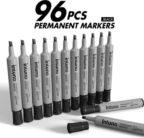 INTUNO 96 Count Permanent Markers, Black, Chisel tip, Oil-Based Permanent Markers, Waterproof and Fade-Resistant