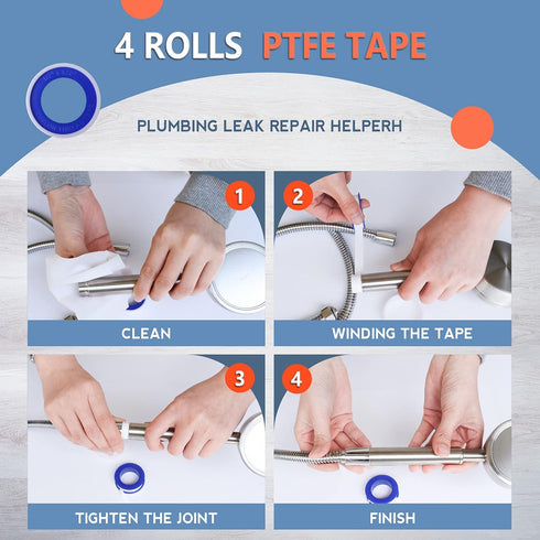 4 Rolls Teflon Tape, 1/2 Inch X 520 Inches, PTFE Plumbing Sealant Tape for Shower Head and Water Pipe