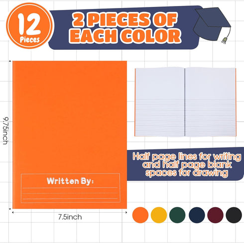 Henoyso 12 Pcs Primary Composition Notebook K-2 9 3/4 x 7 1/2 Inch Blank Writing Book for Kid to Write Stories Draw and Write Journal 60 Page Writing Journal Back to School Supplies (Dark Color)