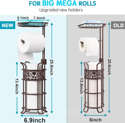 3 Upgraded Toilet Paper Holder Stand for Bathroom, Holds Big Rolls of Jumbo Mega Paper, Top Shelf for Wipes Tissue
