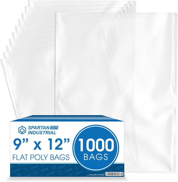 Spartan Industrial 9" X 12" Open-End Flat Bags, 1000 Count, 1.1 Mil Clear Poly Bags for Clothing and Packaging