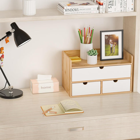 Desk Organizer with Drawers, Bamboo Desktop Storage for Bills, Office Supplies, Cosmetics, No Assembly Required