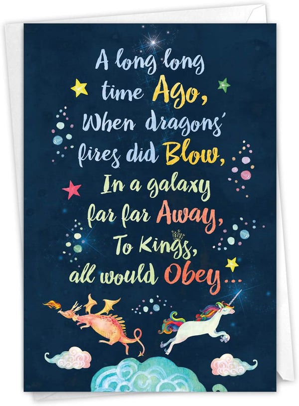 NobleWorks Funny Happy Birthday Card with Envelope, Colorful Humor Note, Long Ago and Far Away C6894BDG