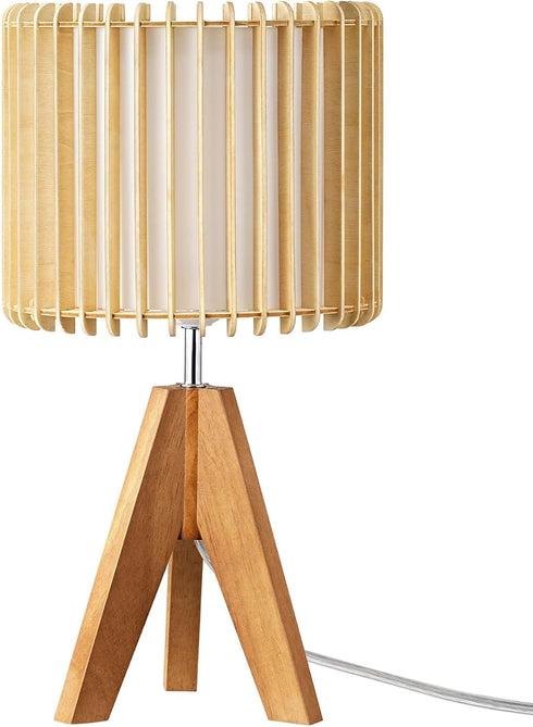 14.17" E26 EDISHINE Small Table Lamp, Wood Tripod Bedside Lamp, Natural Wood-Colored Hollow & White PVC Shade, Base