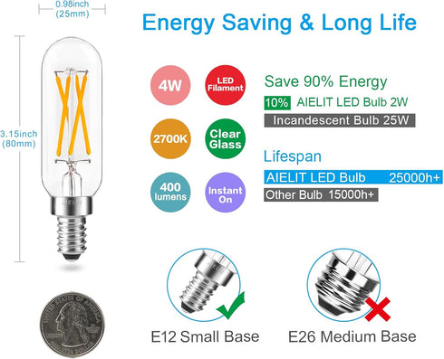 T8 Bulbs (Dimmable), E12 Bulb, 4W, 40 Bulb 400 2700K (4 Pack) Vintage Light LED Small Chandelier Base, Watt Candelabra