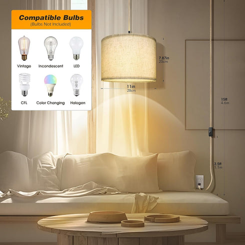 Light,15 WimiSom Plug in Pendant FT Hanging Lamp with Plug in Cord, ON/Off Switch, Pendant Lighting with Fabric Shade