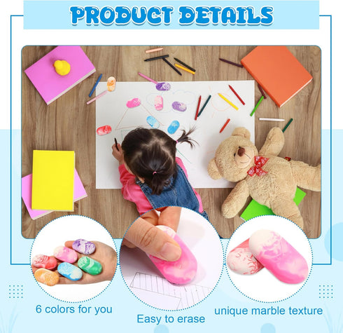 Ctosree 48 Pcs Marble Pencil Erasers, 2 Inch Bright Color Oval Erasers for Kids Teachers Classroom Supplies