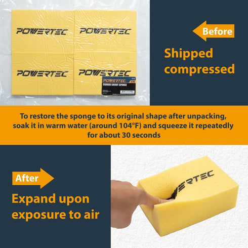 4PK (72106) POWERTEC Large Square Grout Sponge Professional Tile Grout Removal Cleaning Sponge Heavy-Duty Absorbent
