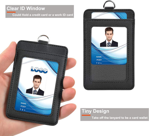 PU Leather ID Badge Holder, Life-Mate ID Badge Holder with Clear ID Window, Credit Card Slot, Black Lanyard
