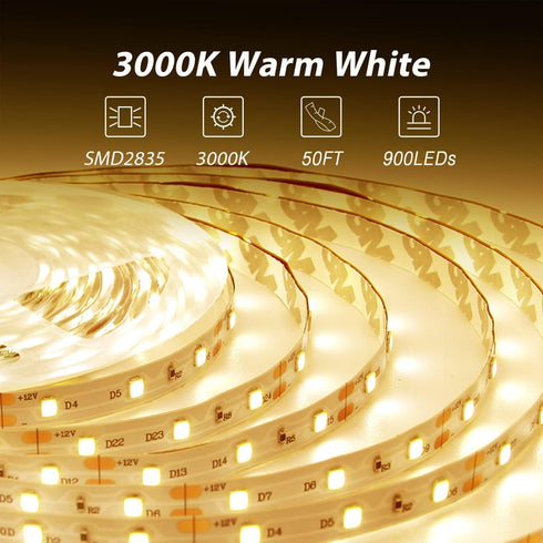 50ft, Dimmable 24V 3000K, 900 Adhesive2 25ft dalattin Warm White LED Strip Lights Led Lights Strip Bright LEDs Lights