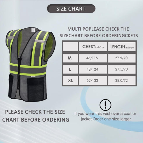 High Visibility Reflective Safety Vest with Zipper and Pockets Translucent Black