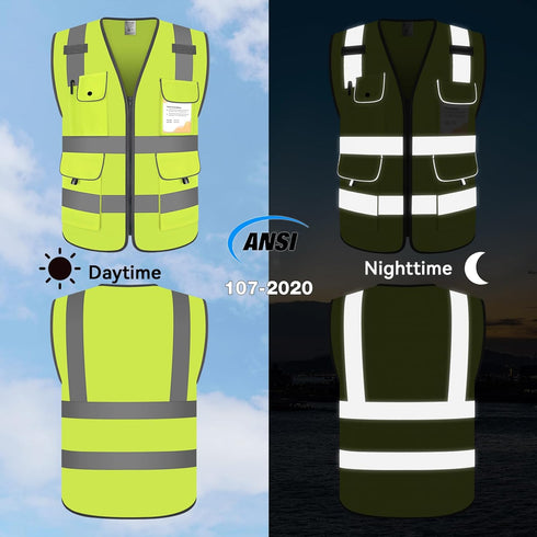 Safety Vest for Men High Visibility Vest with 9 Pockets, Hi Vis Reflective Vest with Reflective Strips, Reflective Vest for Men Construction, Meets ANSI, XG100-Yellow X-Large