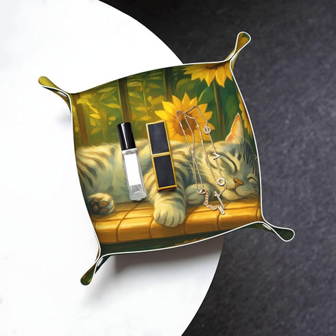 KKdskkds Sleeping Cat On Sunshie Bench Sunflowers Personalized Fun Leather Storage Tray Desktop Organizer Decorative