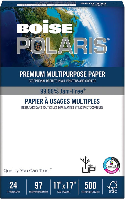 Boise POLARIS Premium Multi-Use Printer & Copy Paper, 1 Ream, White, Ledger (11"