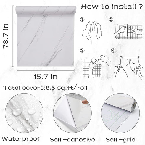 Glossy Marble Contact Paper, White Peel and Stick Wallpaper for Cabinets, 15.7 x78.7 Waterproof Vinyl