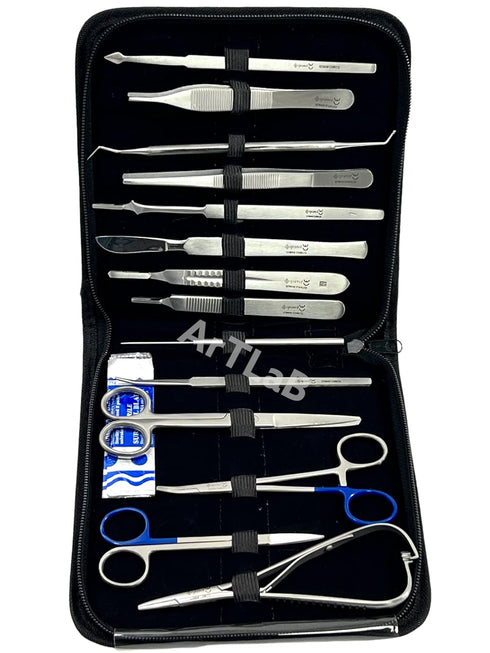 New Premium Stainless Steel Biology Lab Dissection Kit Set, Scalpel Knife Handle, Blades, Forceps, Scissors