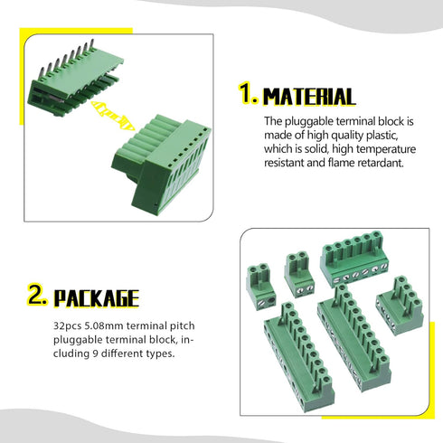 32Pcs 9 Type Pluggable Terminal Blocks Connector Socket, 5mm Pitch PCB Mount Male Female Connectors
