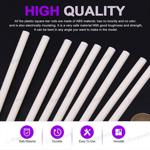 Swpeet 15Pcs Milkly Plastic Rods Assortment Kit - Diameter 8mm Length 250mm ABS Round Stick for DIY Model Making