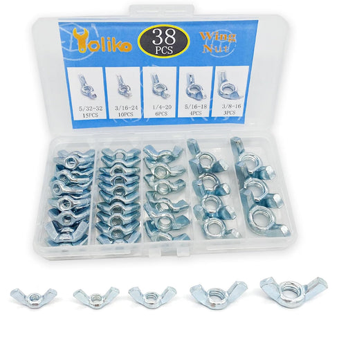 Yoliko 38 Pcs 5 Sizes 5/32",3/16",1/4",5/16",3/8" Wingnuts, Quality Carbon Steel Wing Nuts Zinc