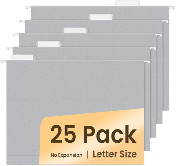 SUNEE Hanging File Folders, 25 Pack Gray Letter Size File Folders with 1/5-cut Tabs, Stay Organized for Home and Office