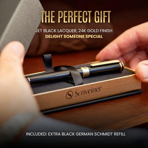 Scriveiner Black Lacquer Rollerball Pen, Luxury Pen with 24K Gold Finish, Schmidt Ink Refill, Best Gift Set for Men