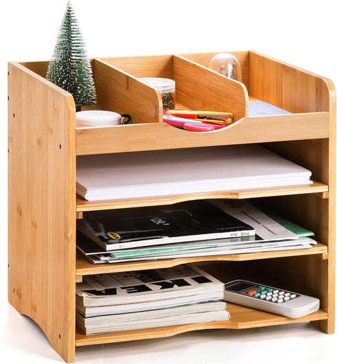 DEAYOU Bamboo Desk File Organizer, 13" Document Letter Tray Sorter with 2 Adjustable Shelves, 4 Tier Mail Organizer