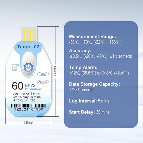 1 Pack, 60 IP67 TempU02 Tzone Temperature Data Logger USB with PDF Report Single Use Thermometer Logger Disposable Temp